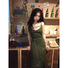 Pphmm outfit inspo Spring and Autumn Retro Green Knitted Sling Dress Women's Hot Girl Style Tight Waist Outer Wear Ripped Sheath Long Skirt