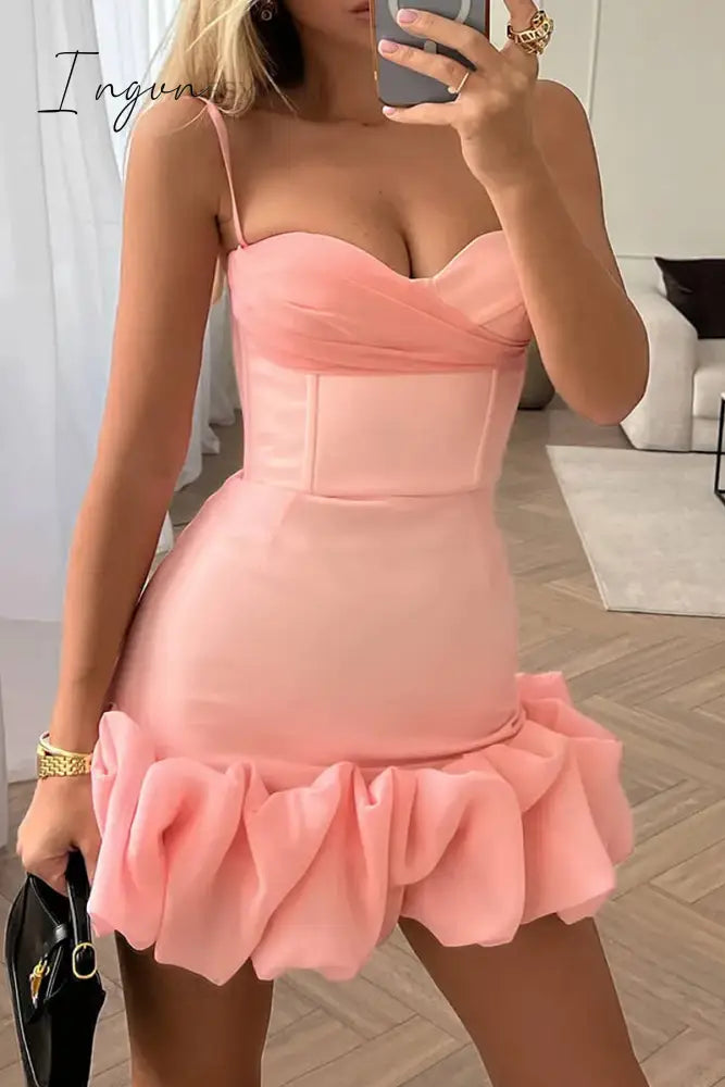Ingvn- Sexy Solid Fold V Neck Wrapped Skirt Dresses