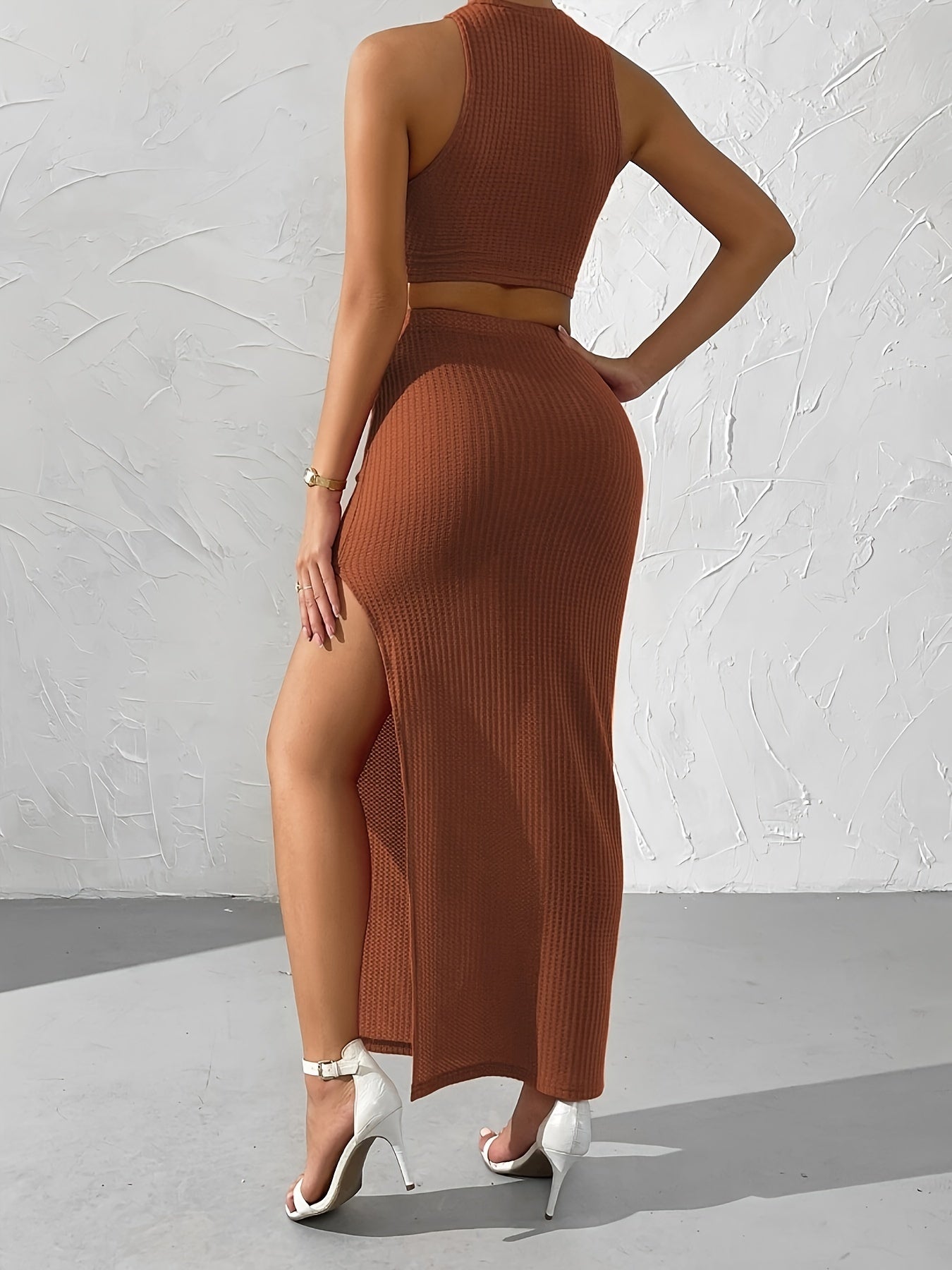Solid Slim Two-piece Skirt Set, Crop Tank Top & High Split Bodycon Skirt Outfits, Women's Clothing