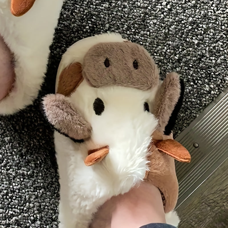 Womens Cartoon Cow Slippers - Plush Warm Lining, Closed Toe Fuzzy Slides, Ultimate Indoor Comfort for Cozy Days