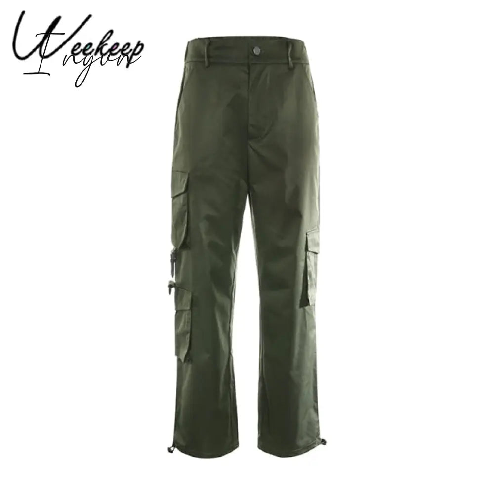 Ingvn - Button Pockets Patchwork Cargo Pants Women Streetwear High Waist Trousers Women Fashion Pencil Pants Joggers Women