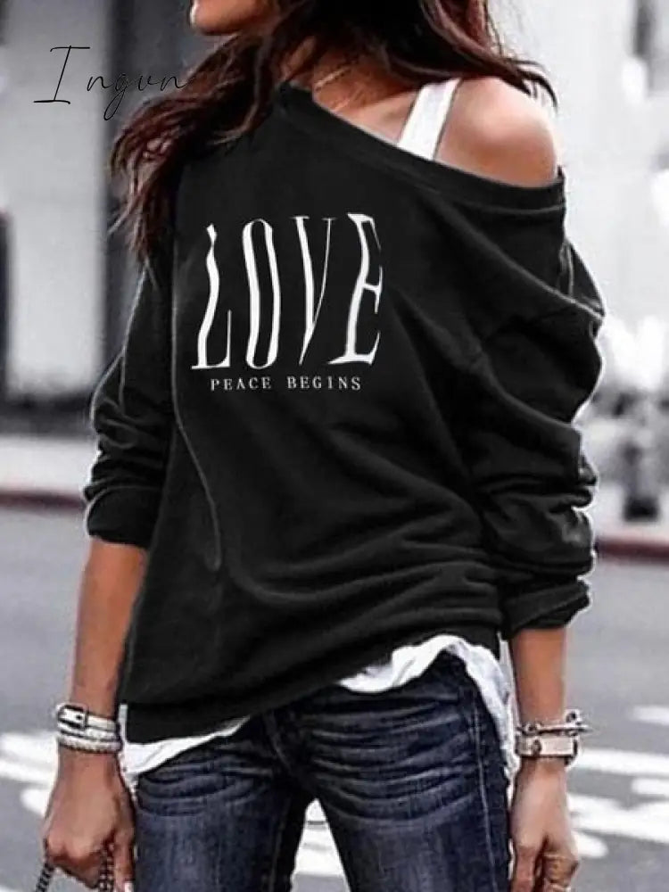 Ingvn - Women's Pullover Sweatshirt Heart Printed Long Sleeve One Shoulder Tops Autumn Winter Sweat Shirts Woman Casual Top