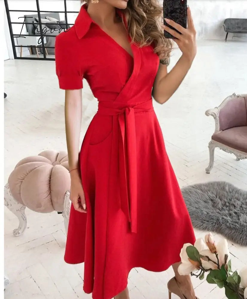 Ingvn - Spring and Summer Fashion New Party Dress Short-sleeved V-neck Retro Dress with Printed Belt