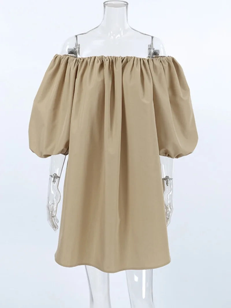 Ingvn  Sexy Slash Neck Off Shoulder Khaki Short Dress High Street Fashion Casual Woman Clothing Summer Puff Sleeve Solid Party Dresses