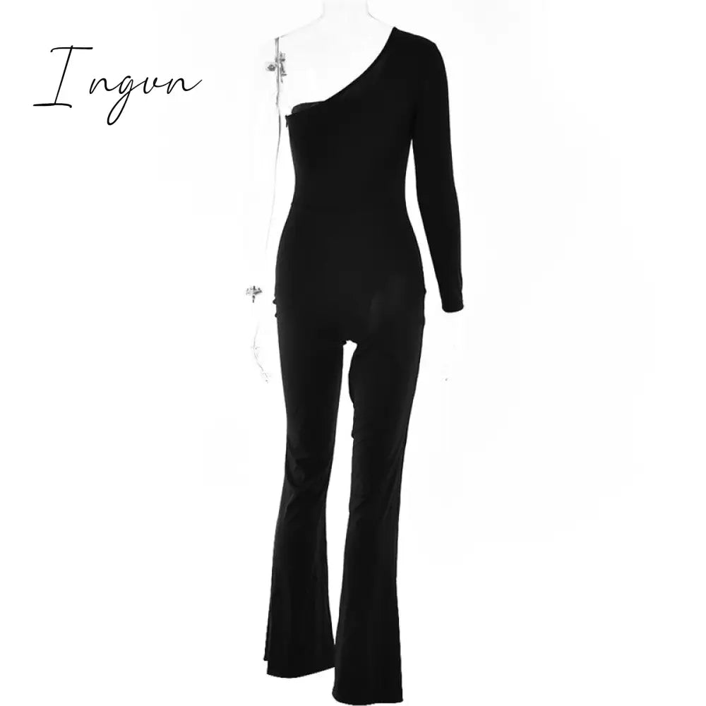 Ingvn - Patchwork Diamond Fishnet Bodycon Women Jumpsuit Black One Shoulder Long Sleeve Jumpsuit Lady Sexy Evening Party Clothes