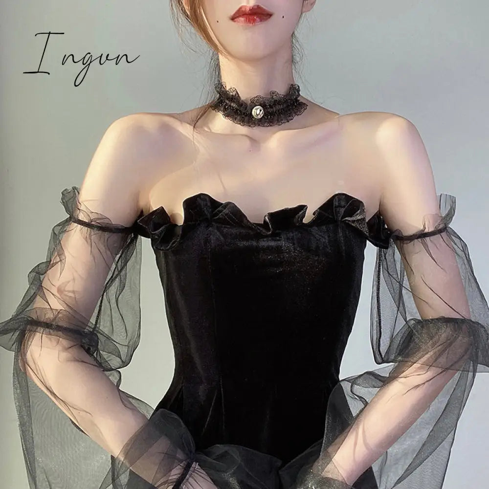 Ingvn - Gothic Sexy Dress Vintage Off Shoulder Lantern Sleeve Mesh Patchwork Velvet Mini Dress Dark Street Black Dress for Female