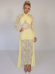 Sexy Lace Jumpsuit Women Sheer Lace Patchwork Long Sleeve Jumpsuits Female Elegant Draped Ruched Skinny Jumpsuit