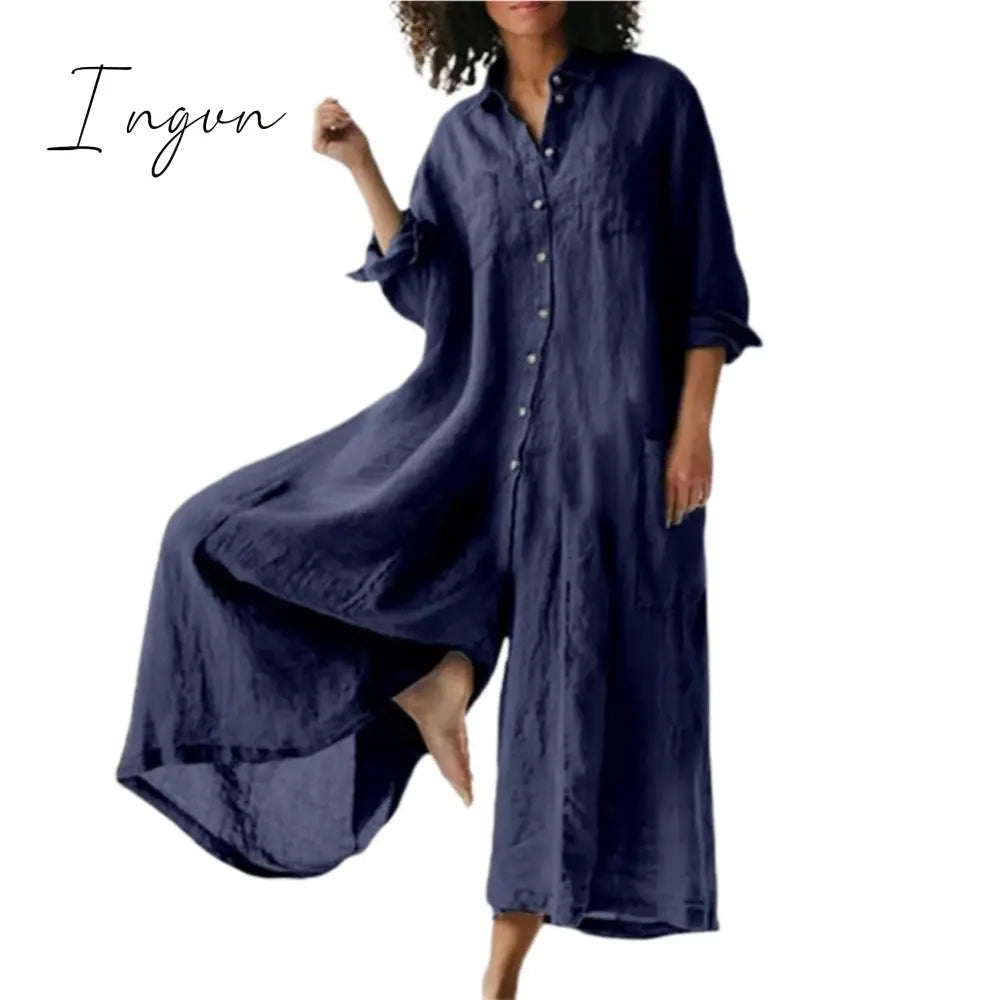 Ingvn - Cotton Linen Women Jumpsuit Oversized Vintage Button Jumpsuit Summer Women Casual Beach Playsuit Wide Legs Pants Loose Romper
