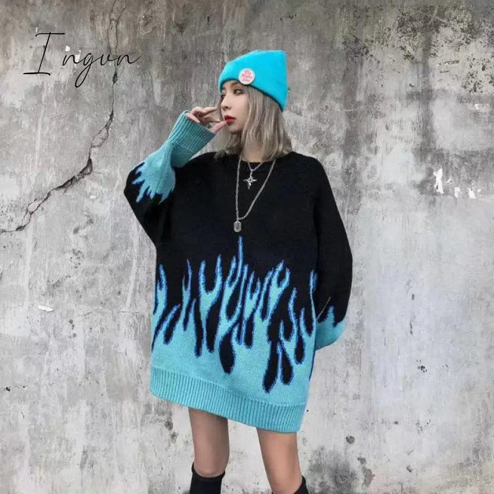 Ingvn - Autumn Winter Harajuku Flame Knitting Batwing Sleeve Sweater Casual Long Women Tide Printed Sweater Loose Boyfriend Pullovers