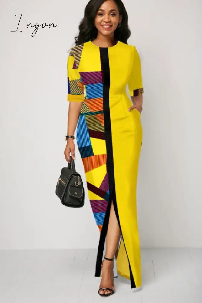 Ingvn - Ladies Fashion Half Sleeve Dress Women Elegant Round Collar Geometric Printing Splicing Temperament Maxi Dress For Ball Party
