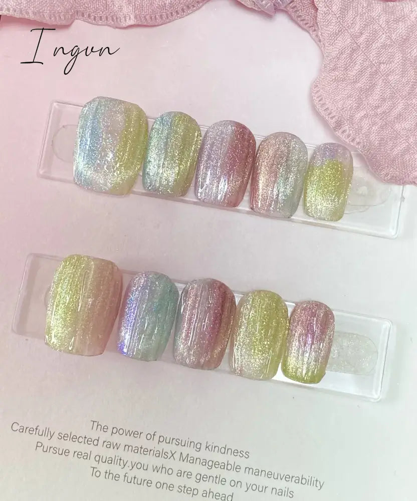 10Pcs Glitter Short Handmade Press On Nails Fake Nails Full Cover Cat Eye Square Head Artificial Manicure Wearable Nail Tips Art