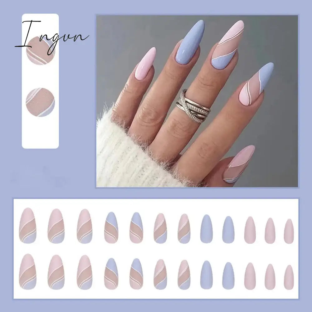 Simple French Wearable False Nails Almond Colorful Stripes Colorblock Design Manicure Fake Nails Line Full Cover Press On Nail