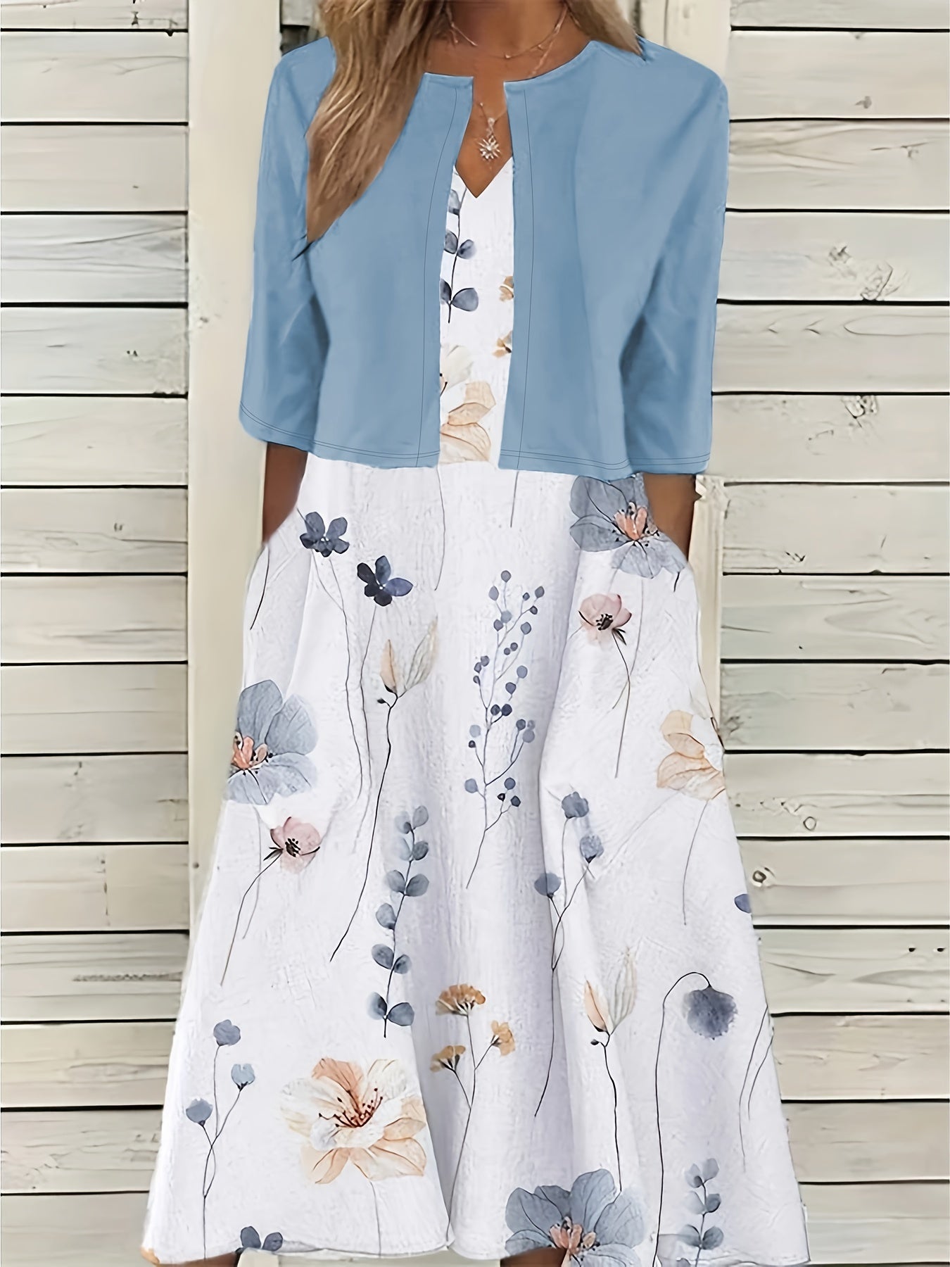 Spring/Summer Chic: Floral Print Two-Piece with V-Neck Crop Top & Comfortable Knit Dress Set, Elegant & Easy Care