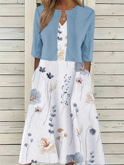 Spring/Summer Chic: Floral Print Two-Piece with V-Neck Crop Top & Comfortable Knit Dress Set, Elegant & Easy Care