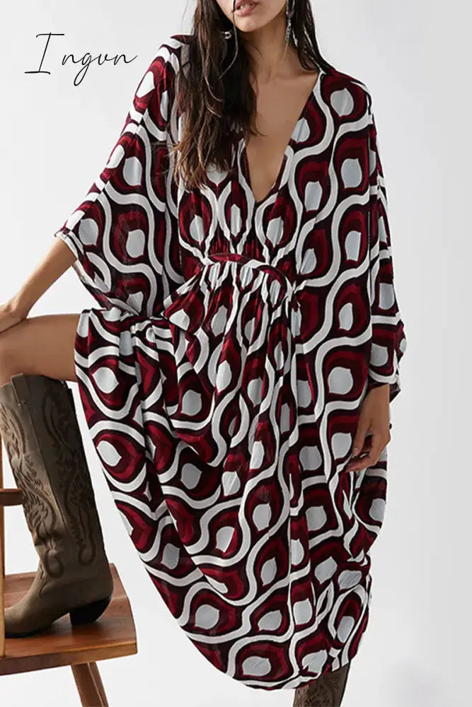 Ingvn - Vintage Vacation Geometric Print Contrast Swimwears Cover Up