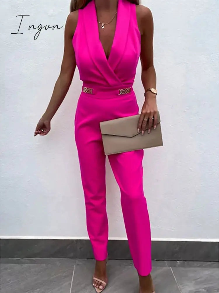 Ingvn - Female Backless V Neck Solid Zipper Jumpsuit Off Shoulder Sleeveless Overalls With Pockets Casual Women Summer Slim Long Rompers