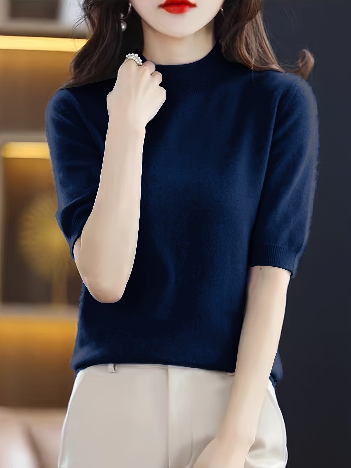 Premium Soft Knit Womens Sweater - Chic Mock Neck, Short Sleeve Pullover - Stylish & Elegant Wardrobe Staple