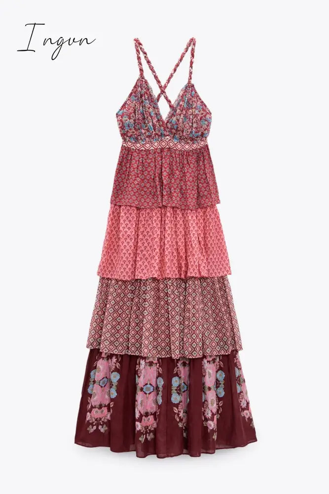 Ingvn - Women Floral Print Ruffles Layer Patchwork Pleated Sling Dress Female Off Shoulder Sleeveless V-Neck Summer Beach Vestido