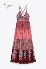 Ingvn - Women Floral Print Ruffles Layer Patchwork Pleated Sling Dress Female Off Shoulder Sleeveless V-Neck Summer Beach Vestido