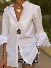 Ingvn - White Shirts Summer Women Solid Flare Sleeve Shirts Spring Blouse Sexy V Neck Button Up Office Shirt Femininas Blusas