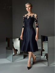 Ingvn - Gorgeous Prussian Blue Knee Length Mother of the Bride Dresses Lace Applique with Three Quarter Sleeves Wedding Guest Gowns