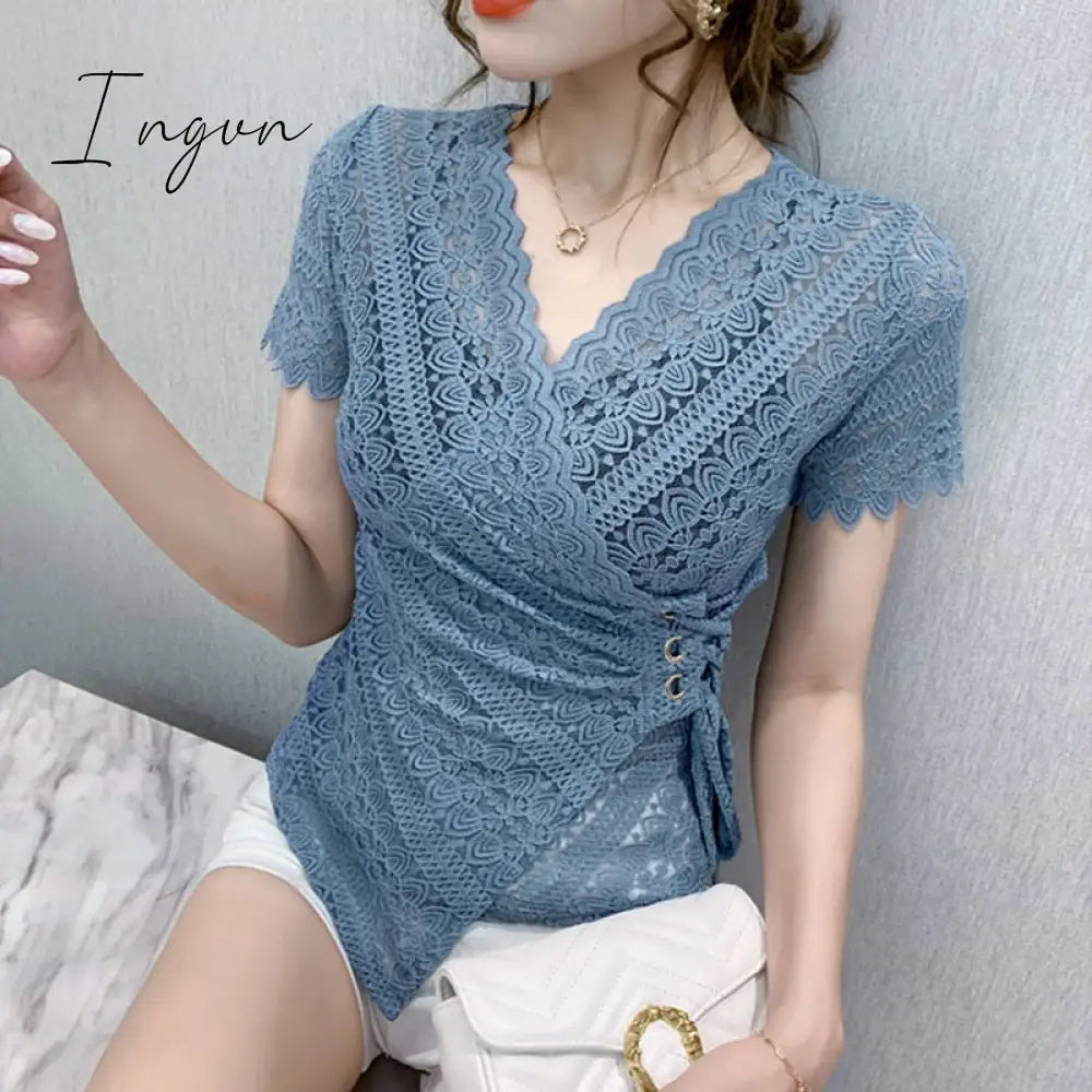 Ingvn - 5XL Women lace tops New Arrivals Summer short sleeve v-neck women blouse shirt Sexy Hollow out lace tops plus size blusas