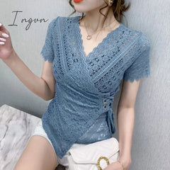 Ingvn - 5XL Women lace tops New Arrivals Summer short sleeve v-neck women blouse shirt Sexy Hollow out lace tops plus size blusas