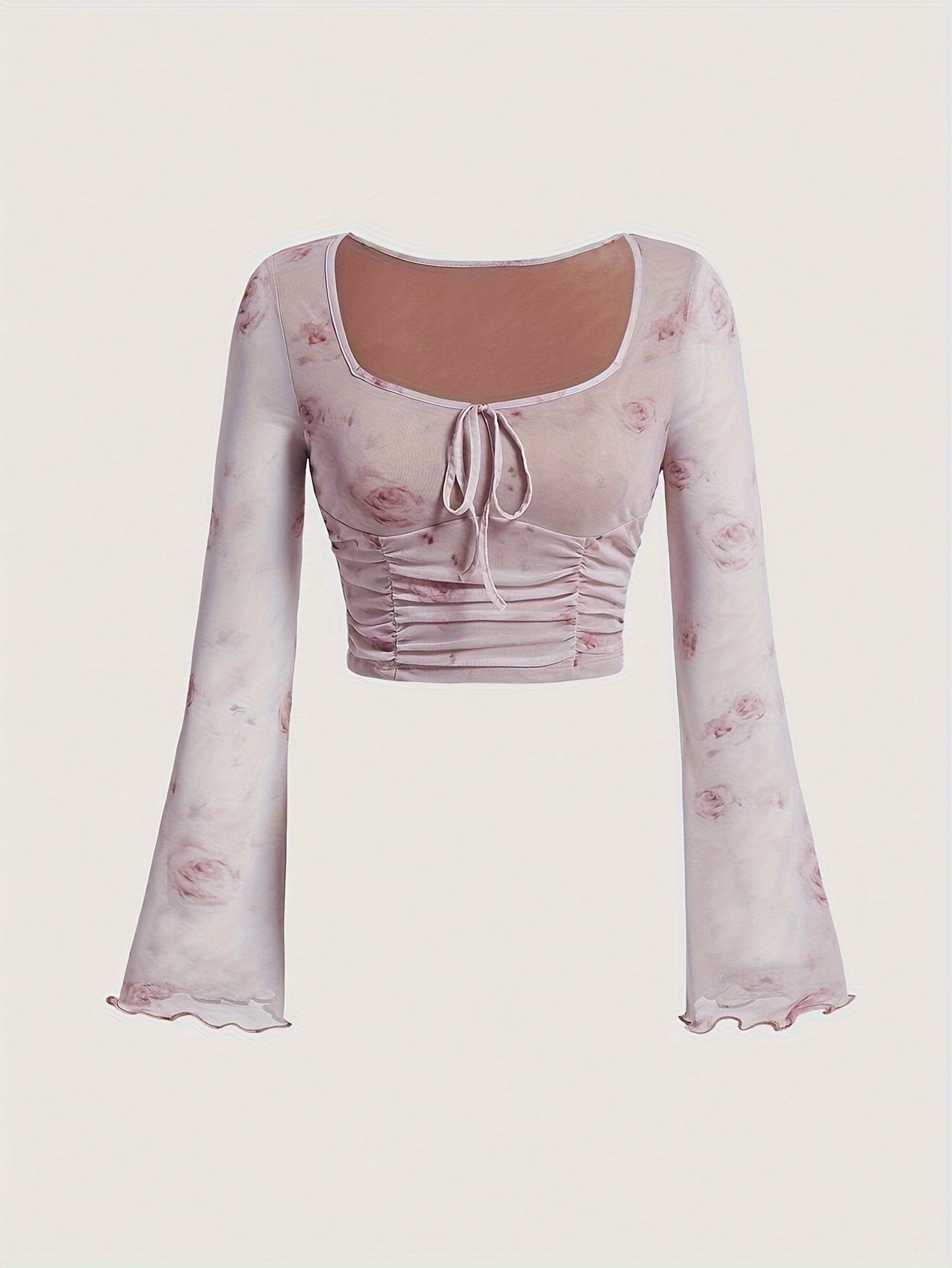 Trendy Tie Dye Print Ruched T-Shirt - Flattering Long Flare Sleeves, Casual Chic Top for Spring and Fall, Coquette Y2K Style Women's Clothing with Relaxed Fit and Soft Fabric