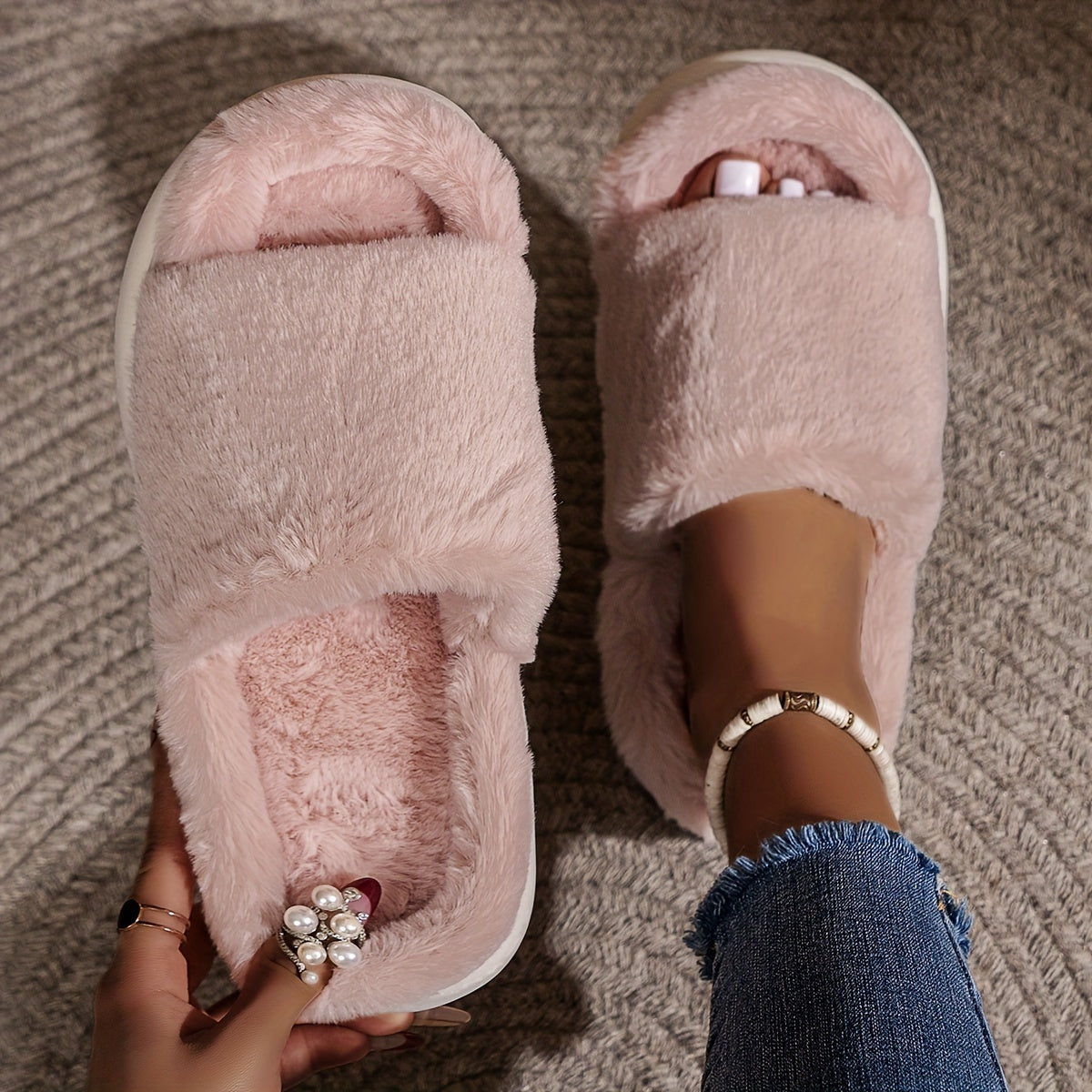 CozyPlus Furry House Slippers - Slippers with Single Band Open Toe Platform, Fuzzy Comfy Warm Design for Home Relaxation - Perfect for Cold Winter Days