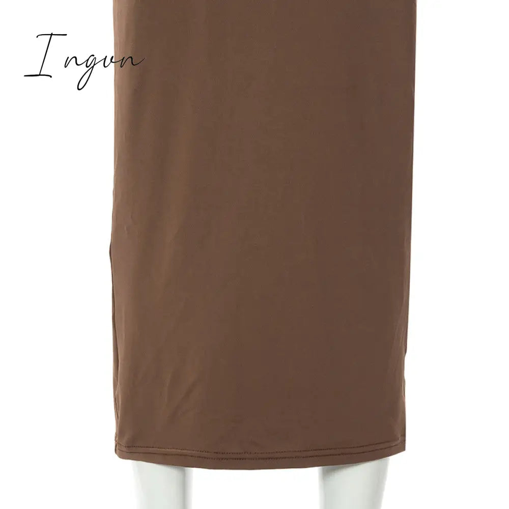 Ingvn - Long Sleeve One Shoulder Sexy Maxi Dress For Women Elegant Cut Out Party Prom Evening Bodycon Long Dresses Fall White Brown