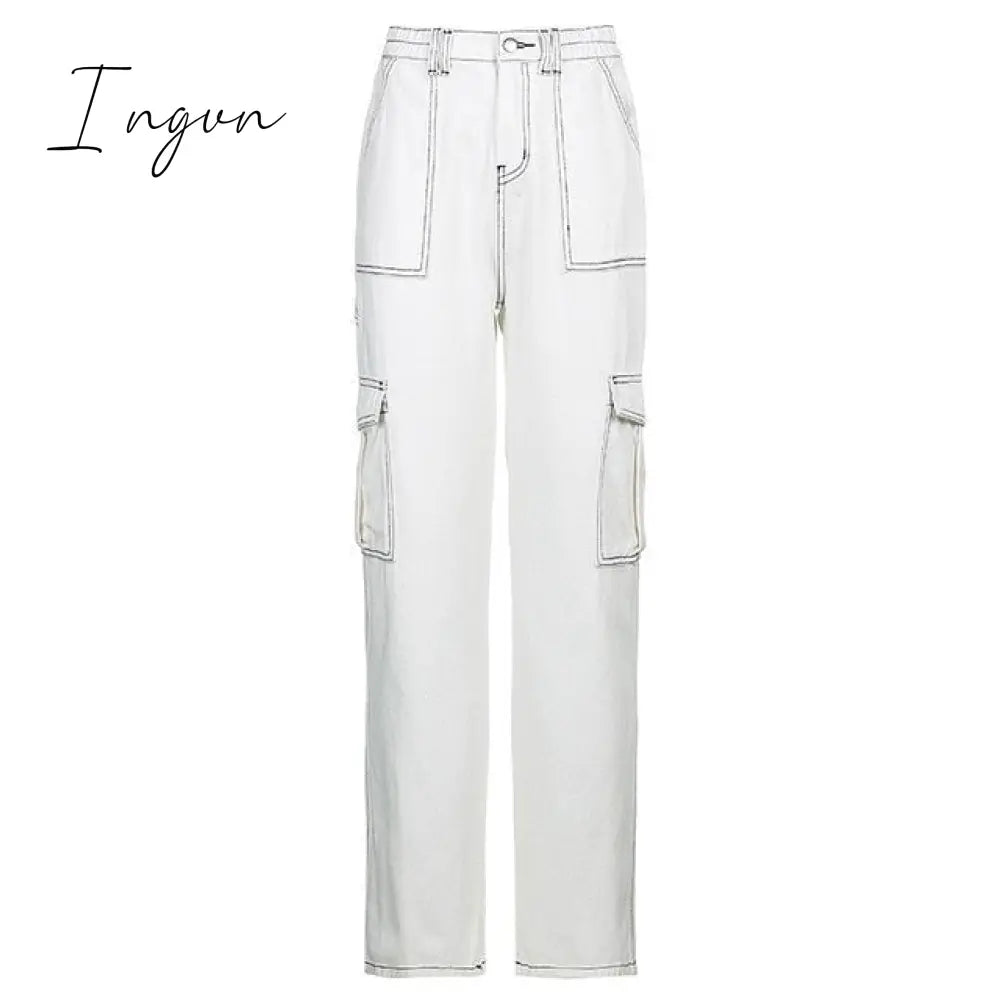 Ingvn - Weekeep Pockets Patchwork Baggy Jeans Fashion Streetwear 100% Cotton Women Denim Trouser Loose Cargo Pants Korean Jeans Harajuku