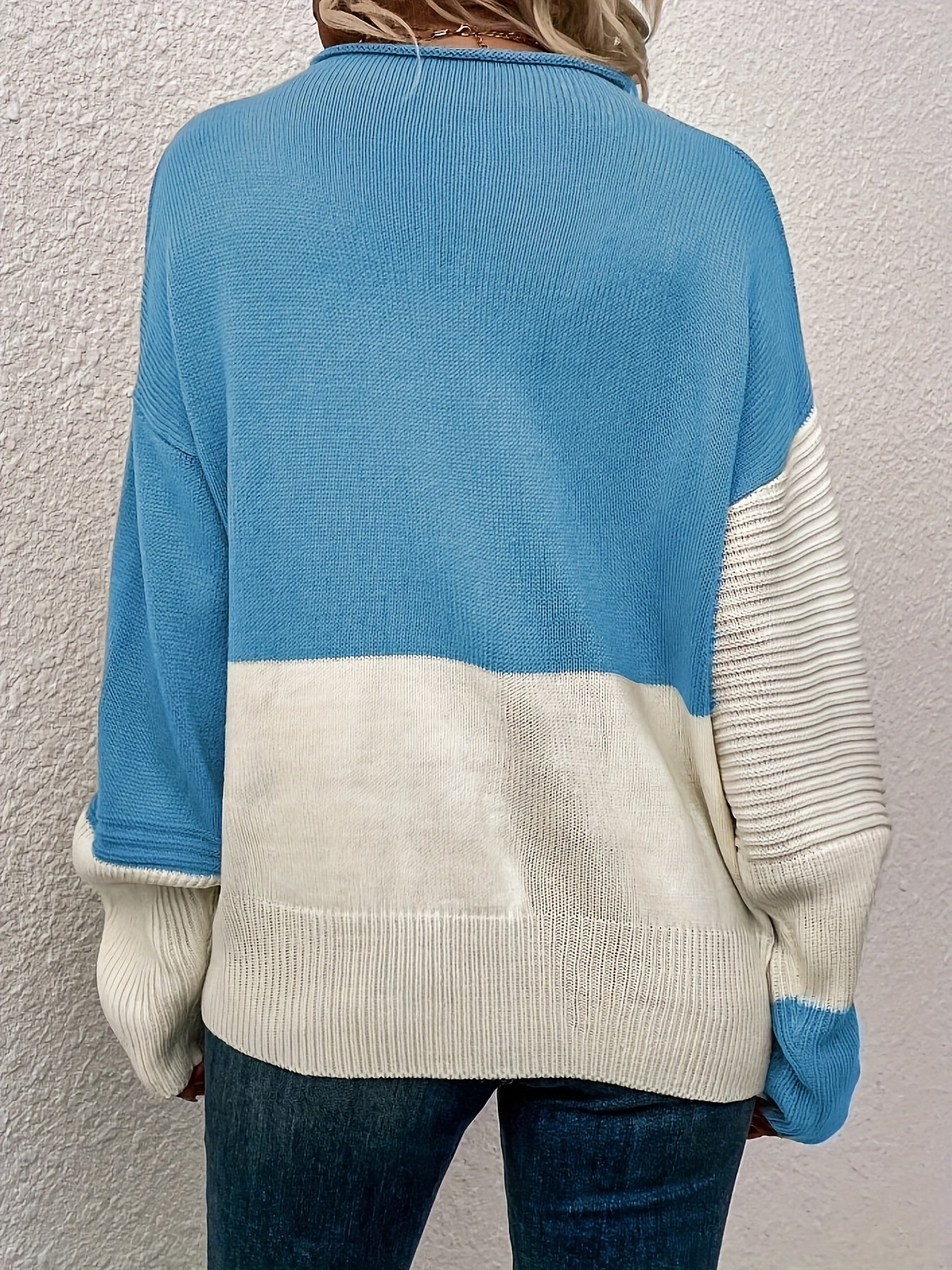 Stylish Color Block Crew Neck Sweater - Pullovers for Women - Soft, Elegant, and Cozy Drop Shoulder Long Sleeve Sweater for Fall and Winter Seasons