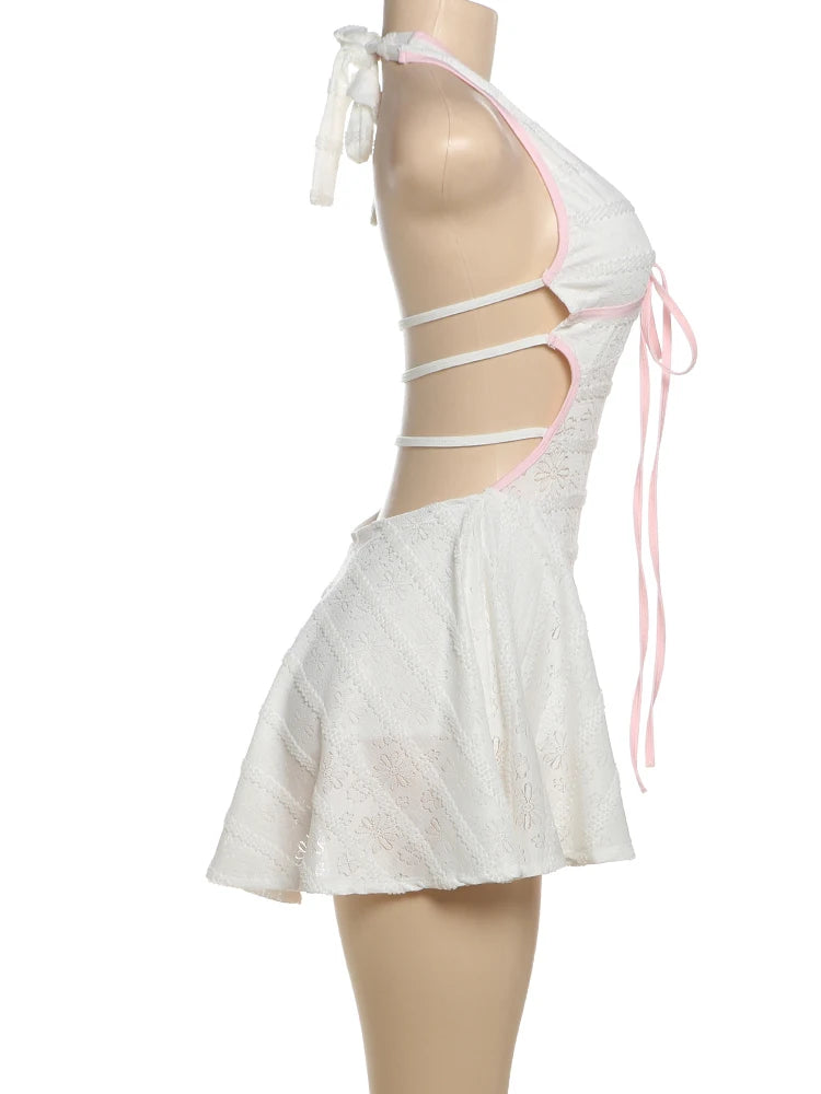 Classic Y2K Backless Dress Women Sexy See Through Summer Pink Shirring Sleeveless Stretch Chic Midnight Mini Bodycon
