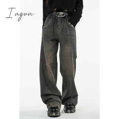 Ingvn - Winter Vintage Dark Blue High Waist Women Jeans American Fashion Streetwear Wide Leg Denim Trouser Straight Baggy Denim Pants