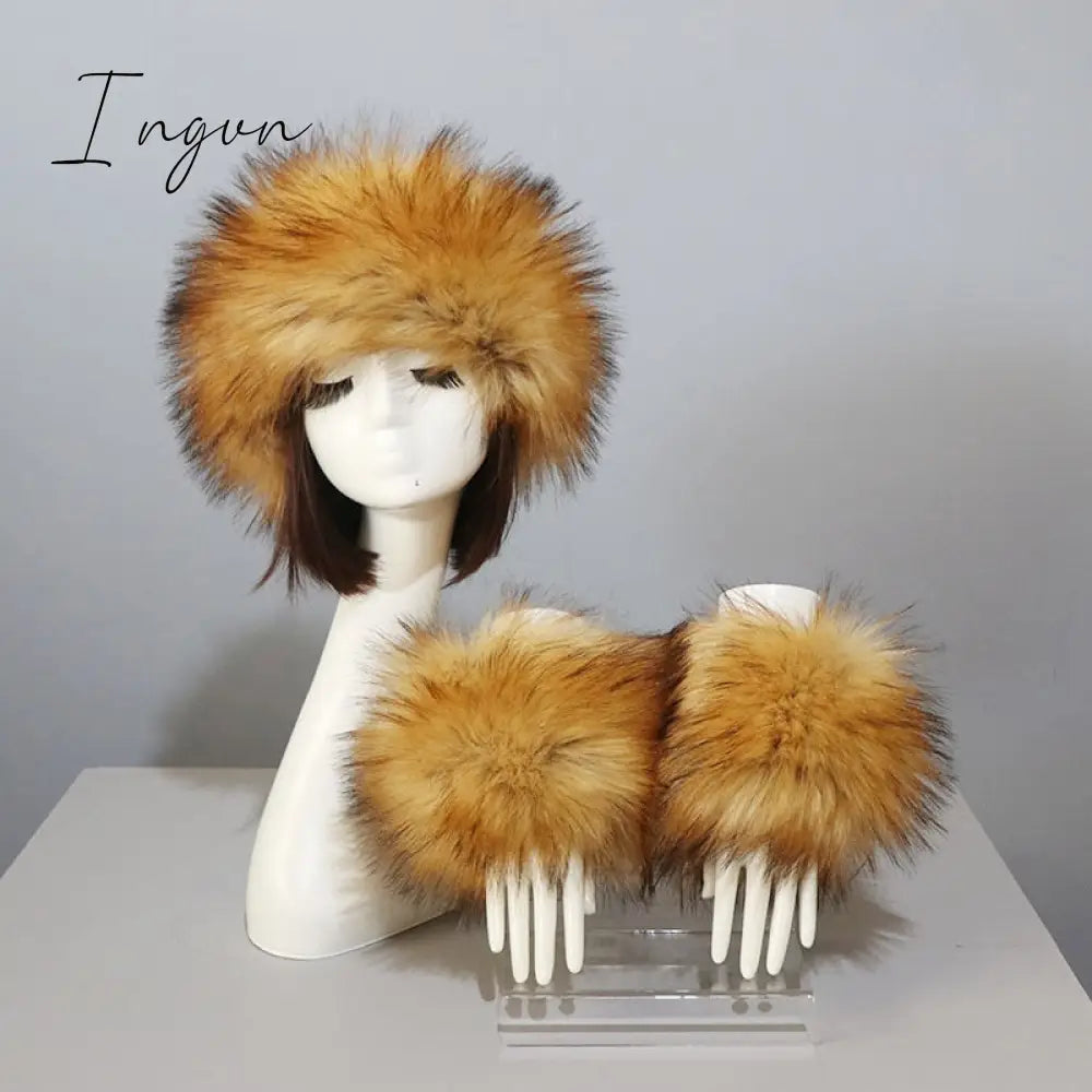 Ingvn - New Autumn Winter Caps Female Hats Cuffs Set Fashion Warmth Imitation Quality Design Faux Fur Hat Fox Fur Sleeves Suit Accessary