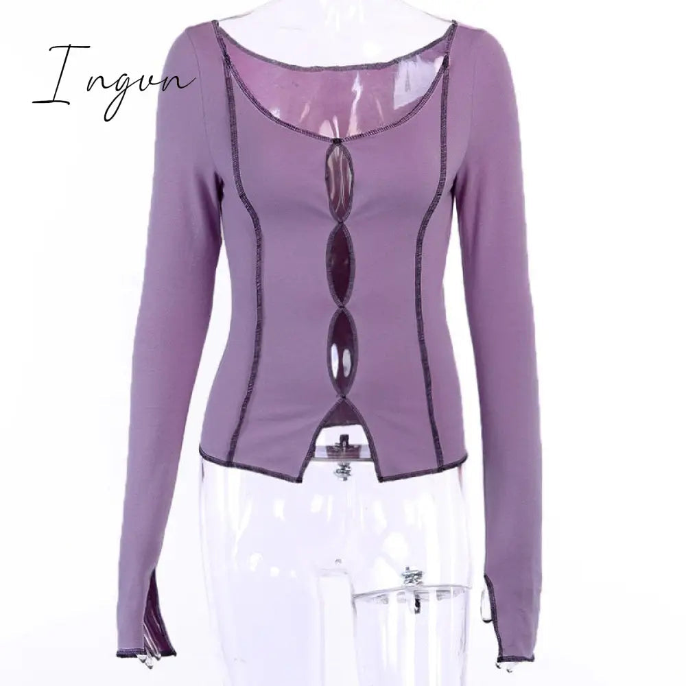Ingvn - Spring Outfits Sexy solid hollow out top long sleeve O-neck t-shirt woman casual Autumn Spring top