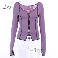 Ingvn - Spring Outfits Sexy solid hollow out top long sleeve O-neck t-shirt woman casual Autumn Spring top
