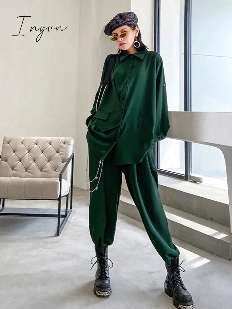 Ingvn - Wide Leg Pants Irregular Big Size Two Piece Suit New Lapel Long Sleeve Loose Fit Women Fashion Spring Autumn