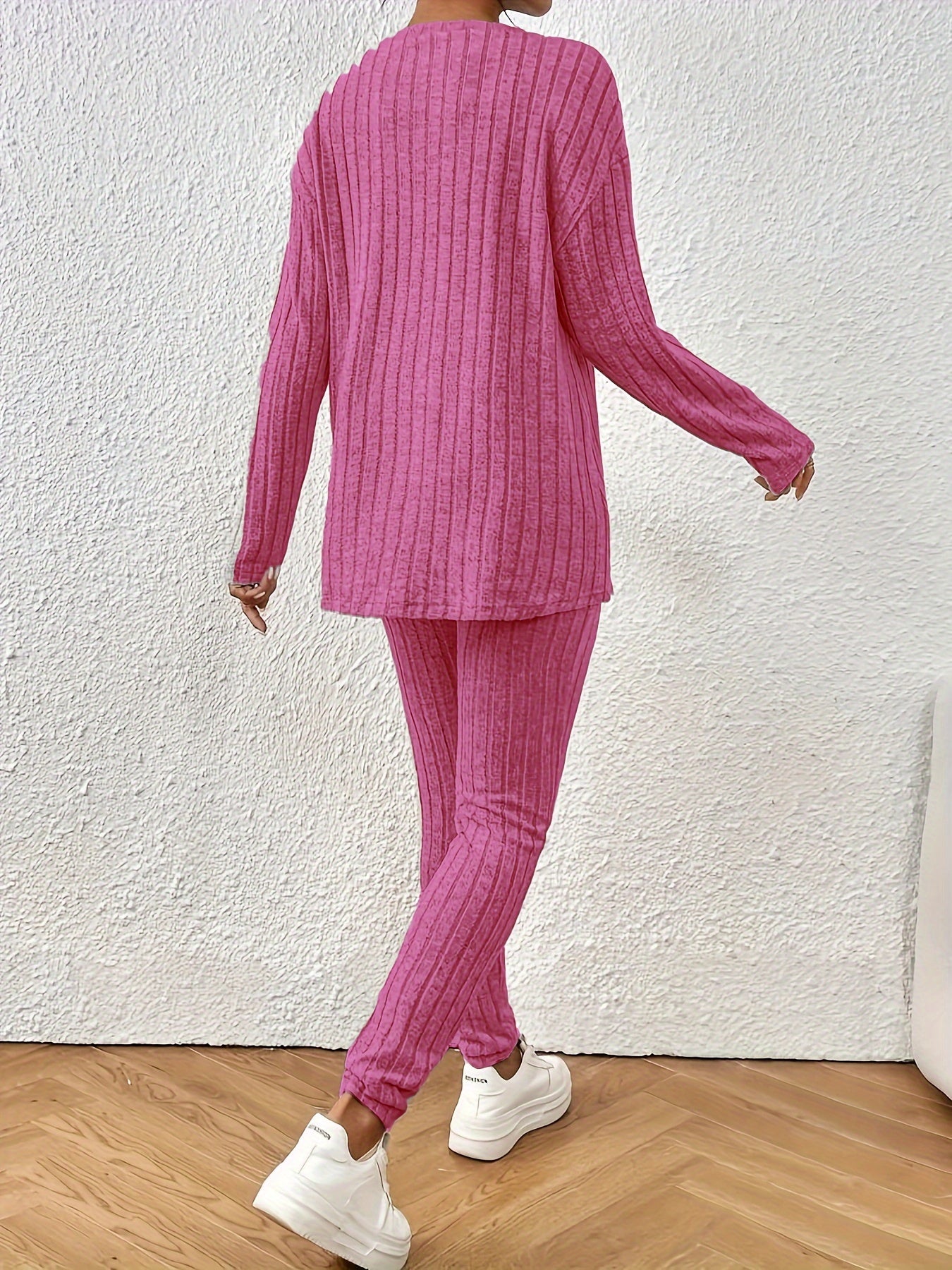 Two-Piece Pants Set - Elegant Solid Color Long Sleeve Crew Neck T-Shirt and Skinny High Waist Pants Outfit for Women - Polyester Knit Fabric, Mid Elasticity, Spring/Fall Season, No Printing, No Sheer
