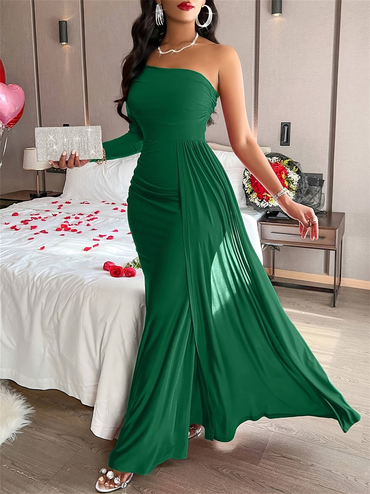Elegant Oblique-Shoulder Long Sleeve Formal Wedding Guest Dress Maxi Dress