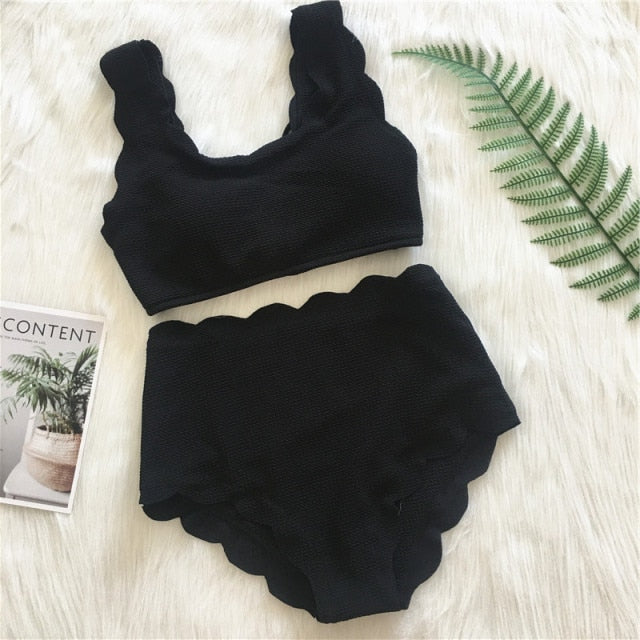 Voguable New Women Swimsuit Scalloped High Waist Bikini Set Solid Two Pieces Plus Size Swimwear Biquini Tankini