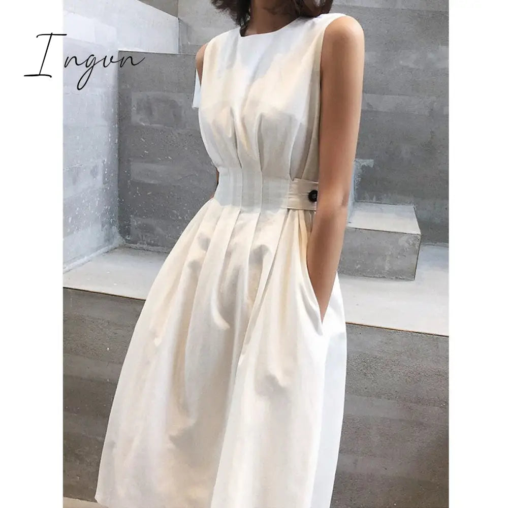 Ingvn - Summer Outfits Summer Women Solid Long Dress White Chic Elegant Casual Party O Neck Sleeveless Tank Female Waist Retraction Holiday Party Robe