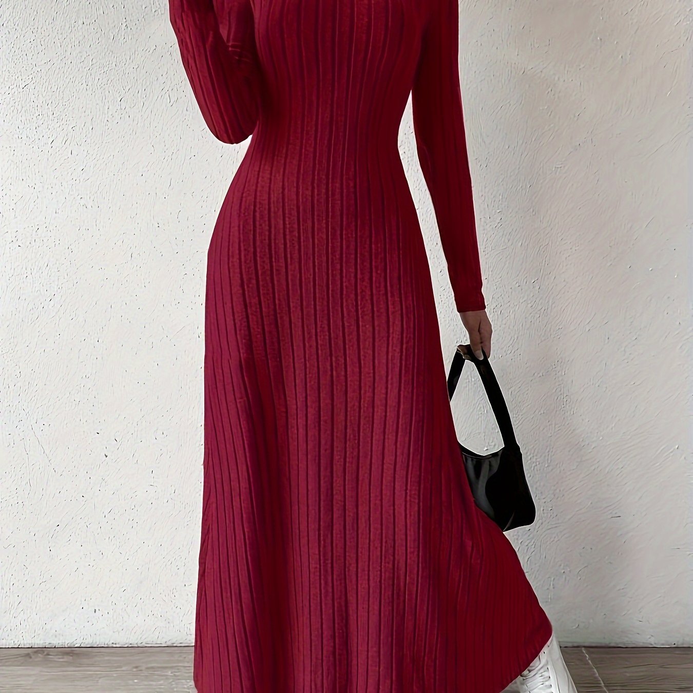 Long Sleeve Ankle Ribbed Crew Neck Sweater Dress for Fall & Winter, Elegant Women's Clothing