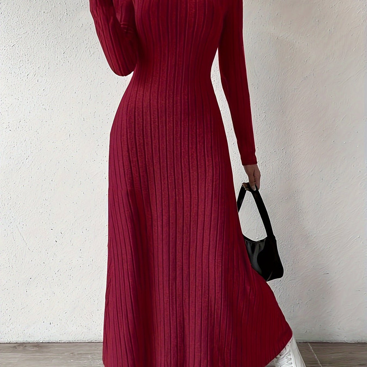 Long Sleeve Ankle Ribbed Crew Neck Sweater Dress for Fall & Winter, Elegant Women's Clothing