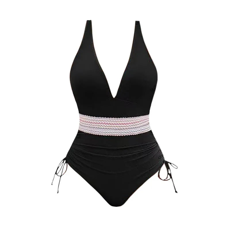 2025 Women's Swimsuit Zigzag Print Contrast Color Plunging Neck Cinched One-piece Swimsuit Beach  Swimwear
