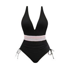 2025 Women's Swimsuit Zigzag Print Contrast Color Plunging Neck Cinched One-piece Swimsuit Beach  Swimwear