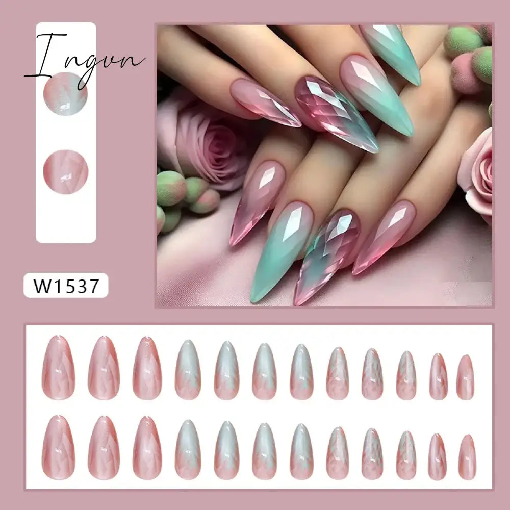 24Pcs False Nails With Glue Almond Pink Butterfly Design Detachable Rhinestones Acrylic Fake Nails long stiletto Press On Nails
