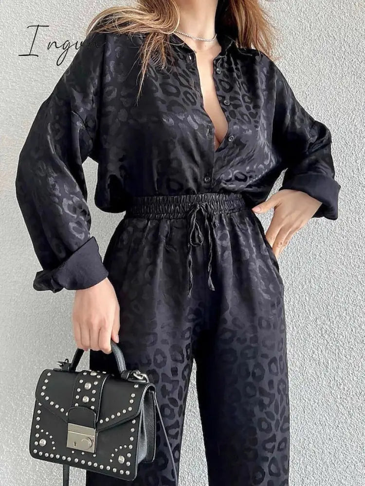 Ingvn - Women's Shirt Pants Sets Black White Red Leopard Print Long Sleeve Casual Daily Fashion Shirt Collar Regular Fit Spring &  Fall