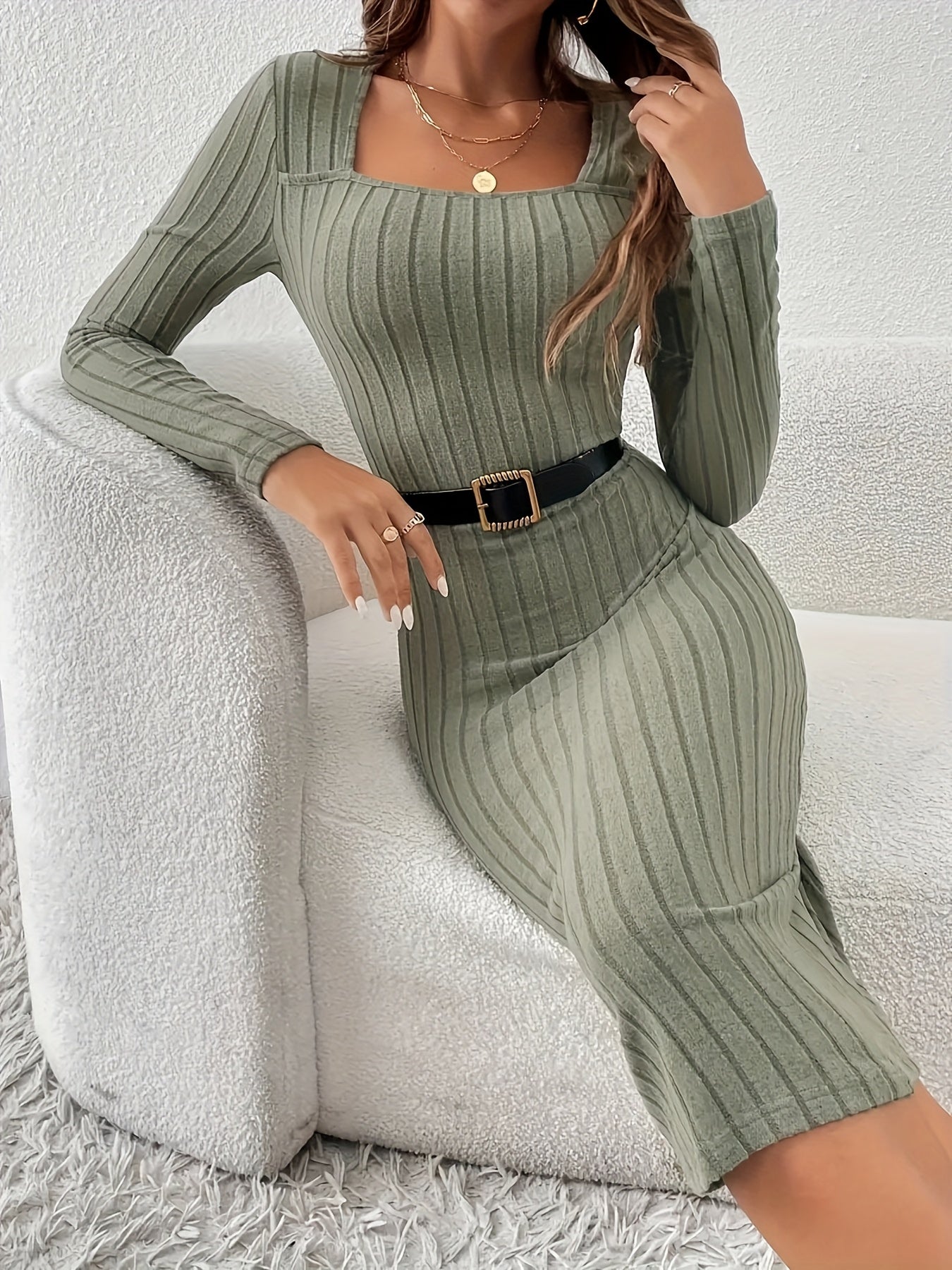 Elegant Long Sleeve Knit Dress for Women - Solid Color, Square Neck, Fitted Polyester Midi Skirt Dress, No Bra Pad, Autumn Collection
