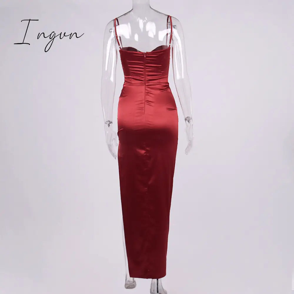 Ingvn - High Side Split Satin Dresses Women Spring Sexy Sleeveless Backless Party Outfit Solid Bodycon Black Evening Dress